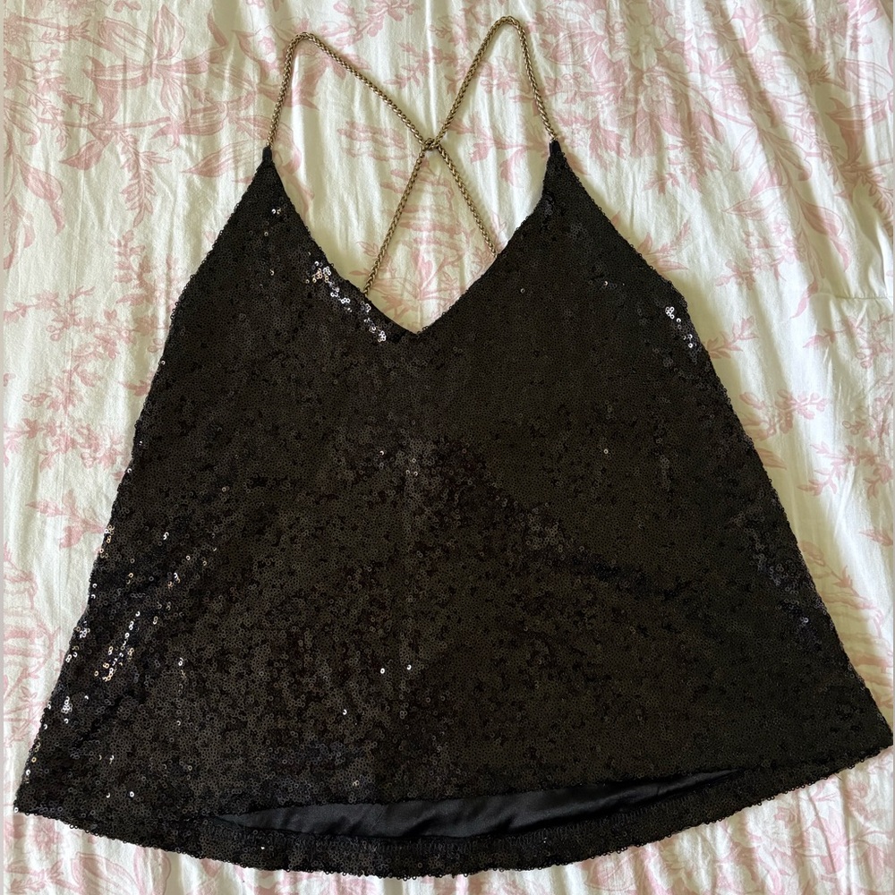 Rue21 Black Sequin Cami with Crossed Gold Chain Straps